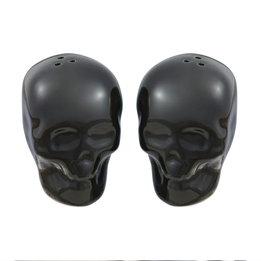 Black Skull-Shaped Glazed Ceramic Salt & Pepper Shaker Set